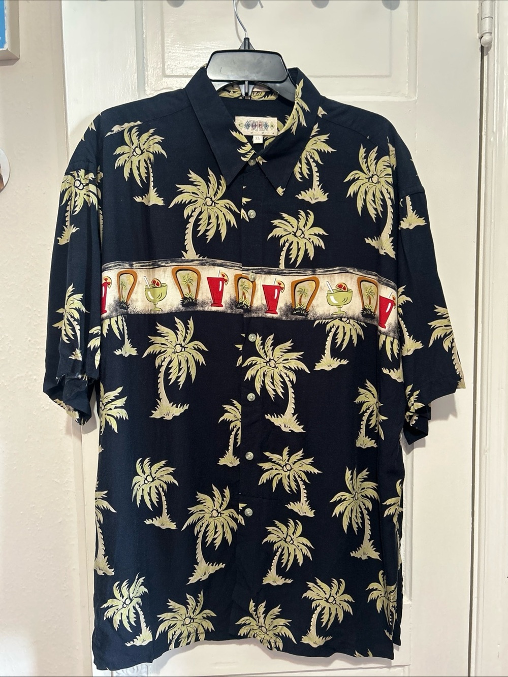Black Palm-Print Short-Sleeve Button-Down Shirt with Cocktail Band